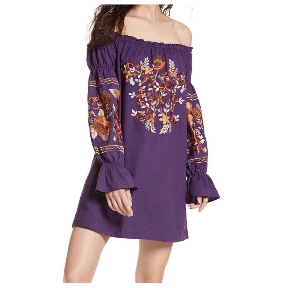 $148 FREE PEOPLE Purple Floral Embroidered Peasant Off Shoulder Dress Tunic‎ XS